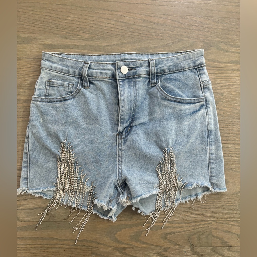 SHEIN Rhinestone Beaded Light Wash Denim Stretchy Jean Mini Shorts women’s 6